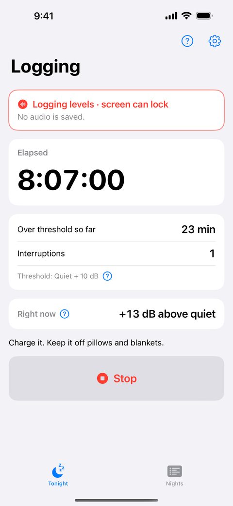 Thin Walls logging screen showing elapsed time, minutes over the threshold and the current level in dB above quiet