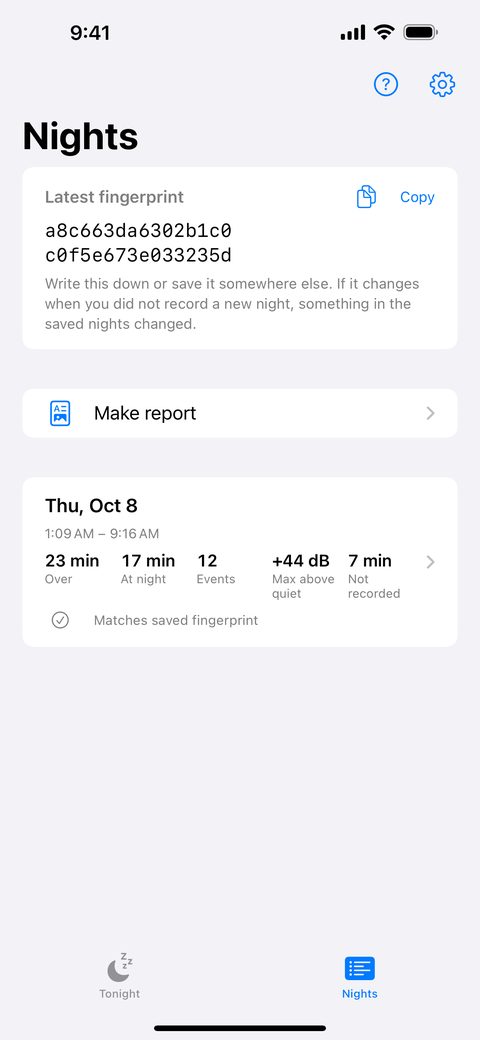 Thin Walls Nights list with the latest fingerprint and a Make report button