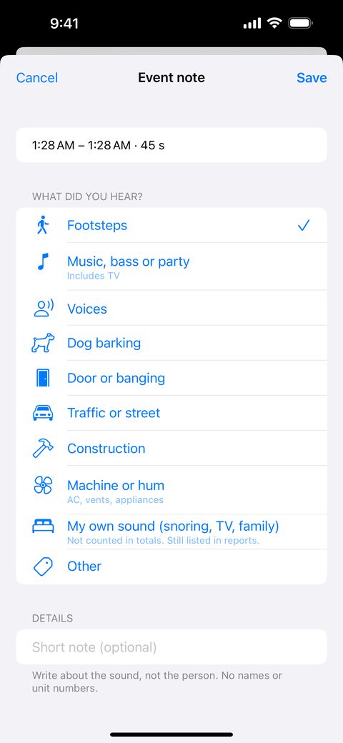Thin Walls event note screen with note types such as footsteps, dog barking, traffic and my own sound