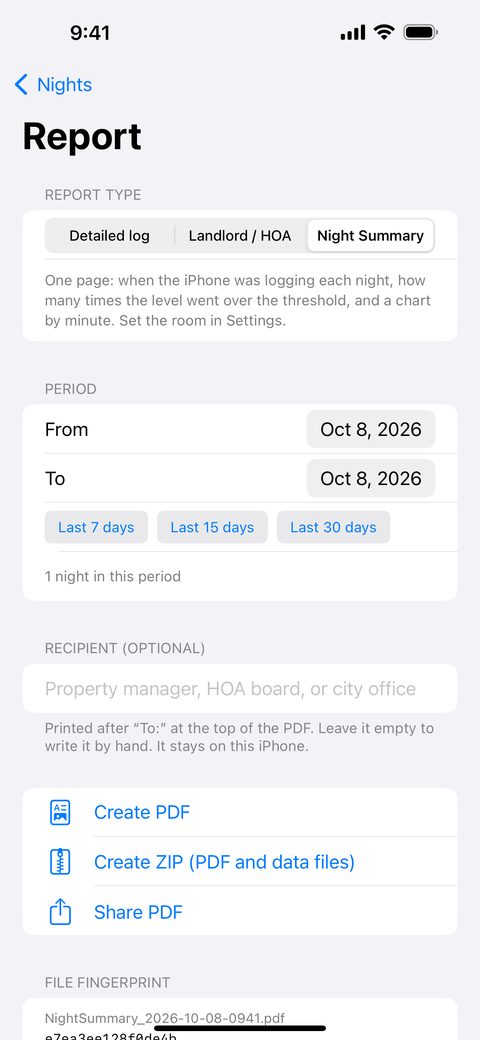 Thin Walls report screen with report type, period, optional recipient and Create PDF